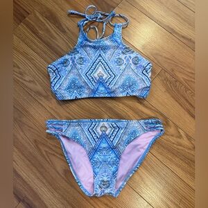 D/DD Cup Blue Paisley-Print High-Neck Bikini Set